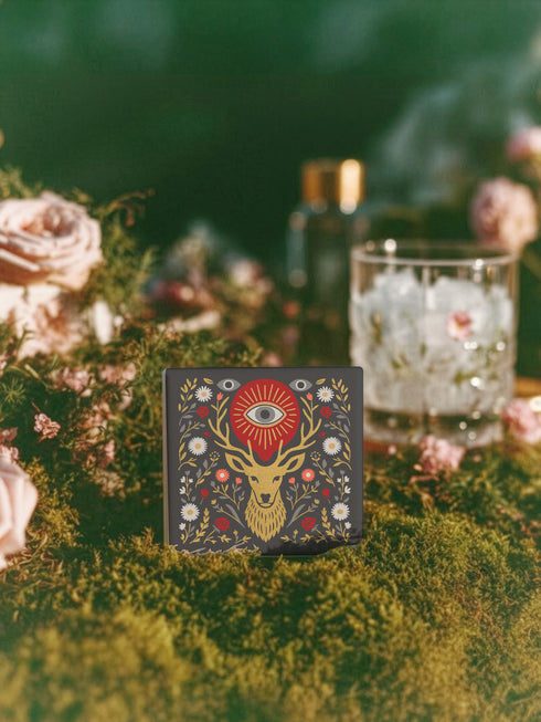 Square ceramic coaster, 4x4 inches, with cork backing. Charcoal tile showcases a golden stag head with antlers, surrounded by florals and an all-seeing eye in red and gold. Smooth printed surface; bold folk-art style. Witchy occult deer coaster for dark academia décor, bar cart, or living room. Square ceramic drink coaster with cork base, stag and eye design.